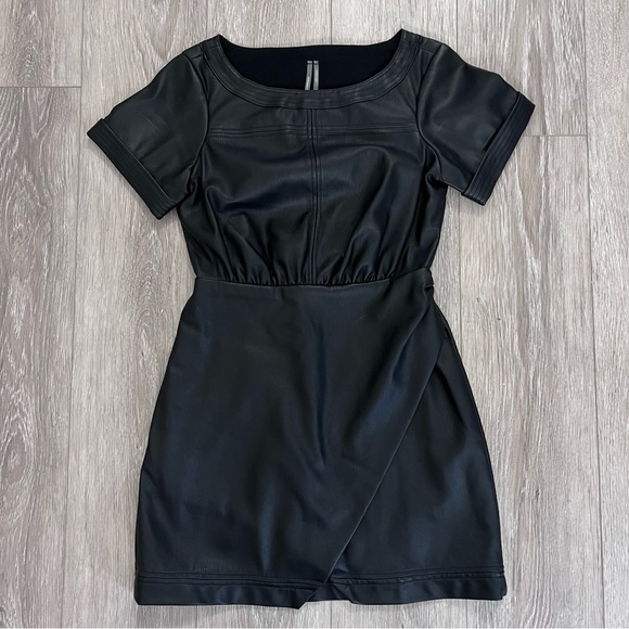 Anthropologie Black Faux Leather Wrap Mini Dress - Picture 5 of 13